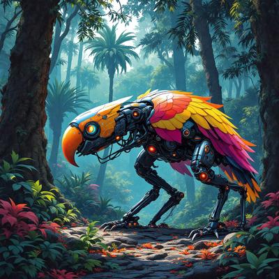 The primary subject of the image is a colorful bird, possibly a parrot, with a mix of yellow, orange, and pink colors. The bird is standing on a dirt path surrounded by trees and plants. The setting appears to be a forest or a wooded area. The visual style of the image is digital art, as it is a well-crafted and detailed illustration. The colors and mood of the image are vibrant and lively, creating a sense of energy and liveliness.